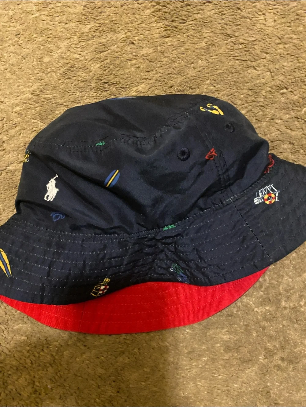 Reversible Ralph Lauren Red Kids Bucket Hat with Navy Logo